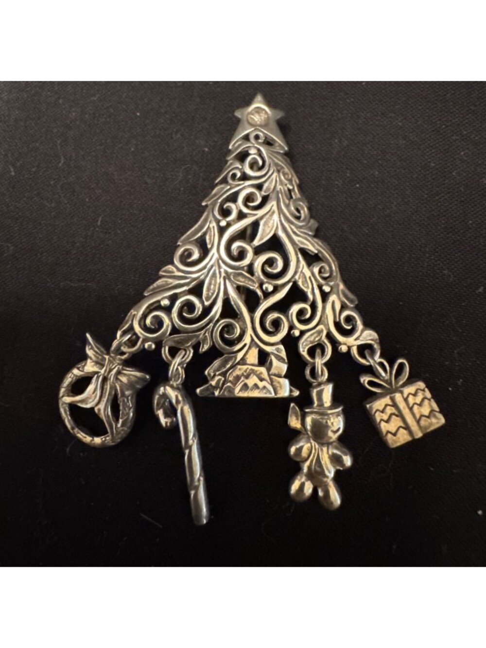 Solid Sterling Silver 925 Scroll Christmas Tree Brooch Size 2" Length